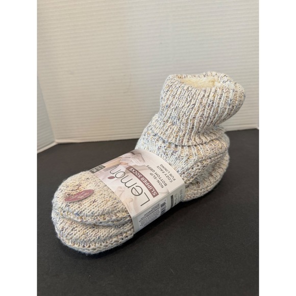 Lemon Shoes - Lemon Womens L/XL Cream New Faux Fur Lined Non-Slip Marled Knit Slipper Socks